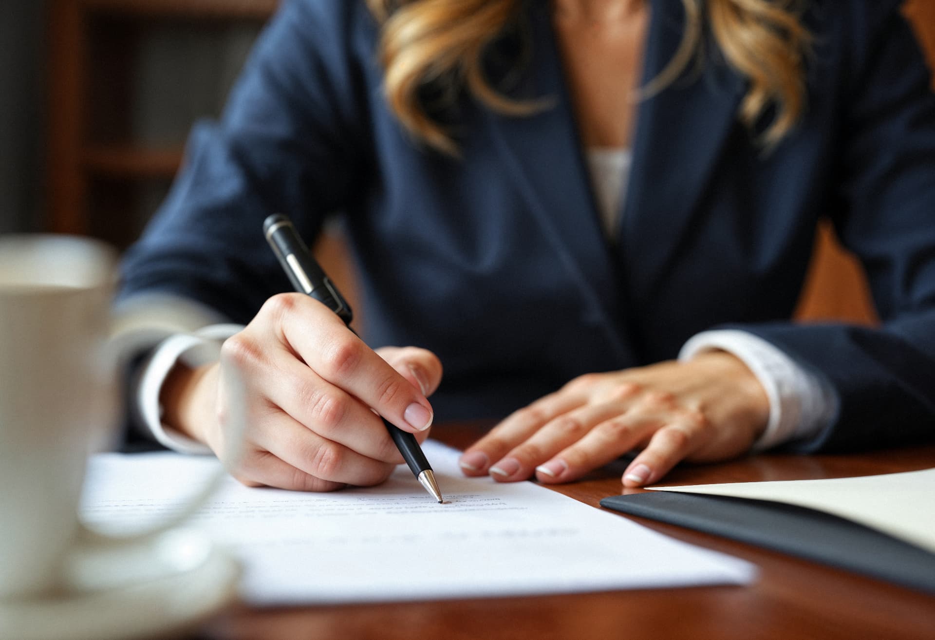 Lawyer signing legal documents at a desk